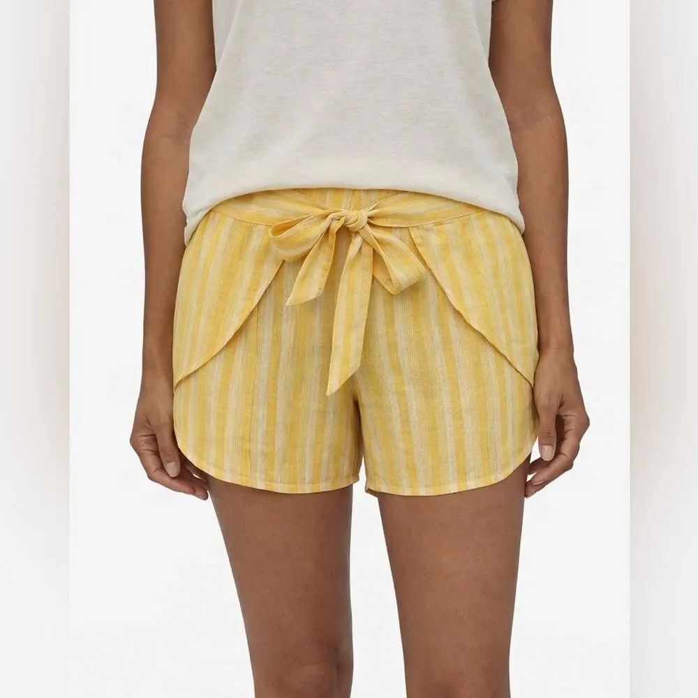 Patagonia Garden Island Yellow Striped Mid Rise Tie Waist Hemp Tencel Shorts S